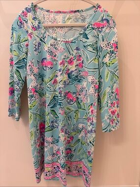 Lilly Pulitzer Aqua Floral Mini Dress with Pink and Green Accents